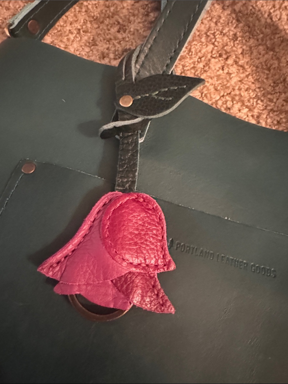 Portland Leather Pink Flower Key & Card Holder with Green Strap - Picture 2 of 3